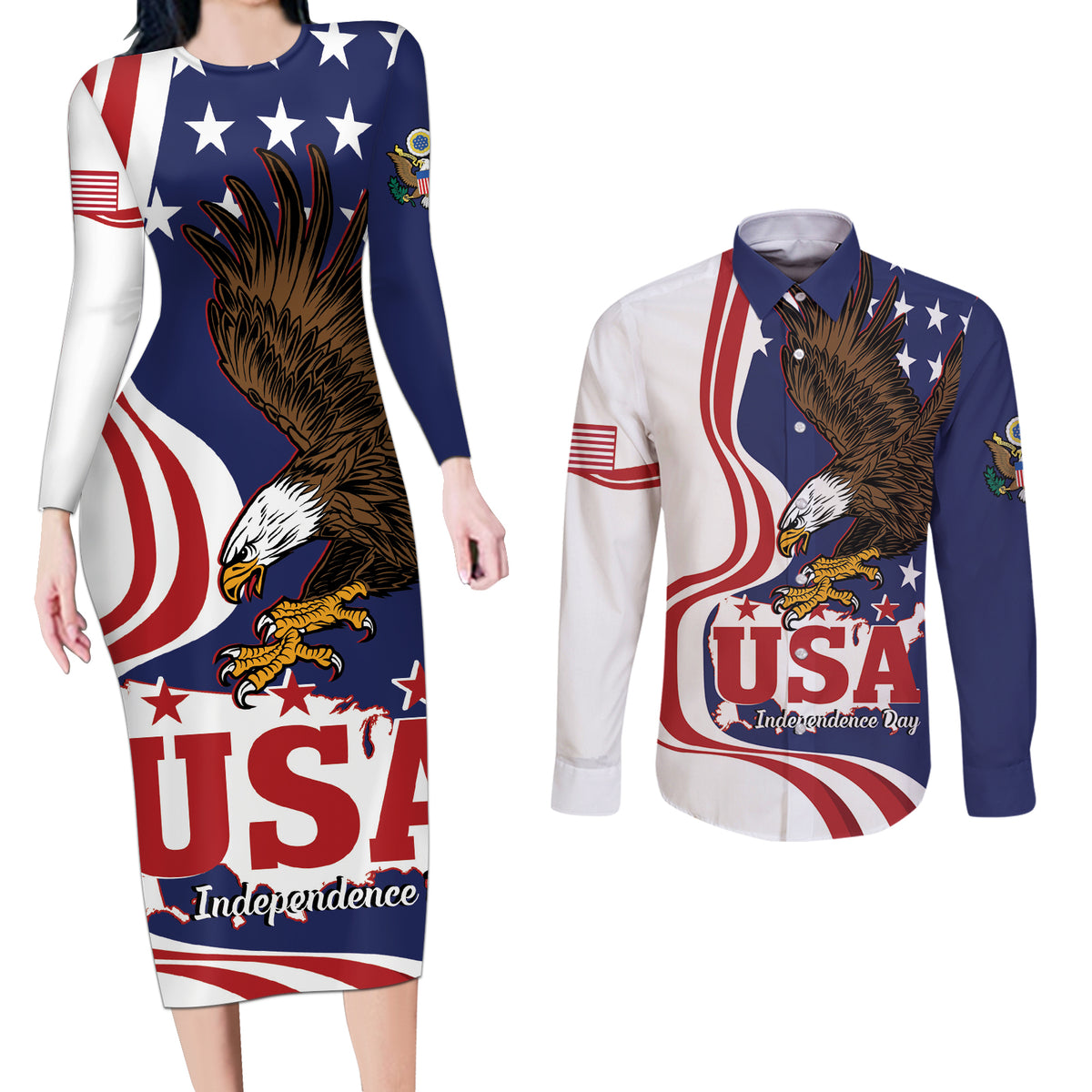 United States Independence Day Couples Matching Long Sleeve Bodycon Dress and Long Sleeve Button Shirt USA Bald Eagle Happy 4th Of July - Wonder Print Shop