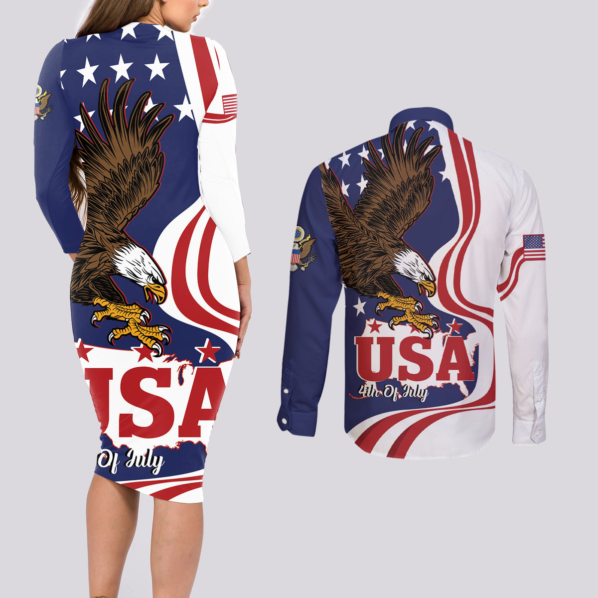 United States Independence Day Couples Matching Long Sleeve Bodycon Dress and Long Sleeve Button Shirt USA Bald Eagle Happy 4th Of July - Wonder Print Shop