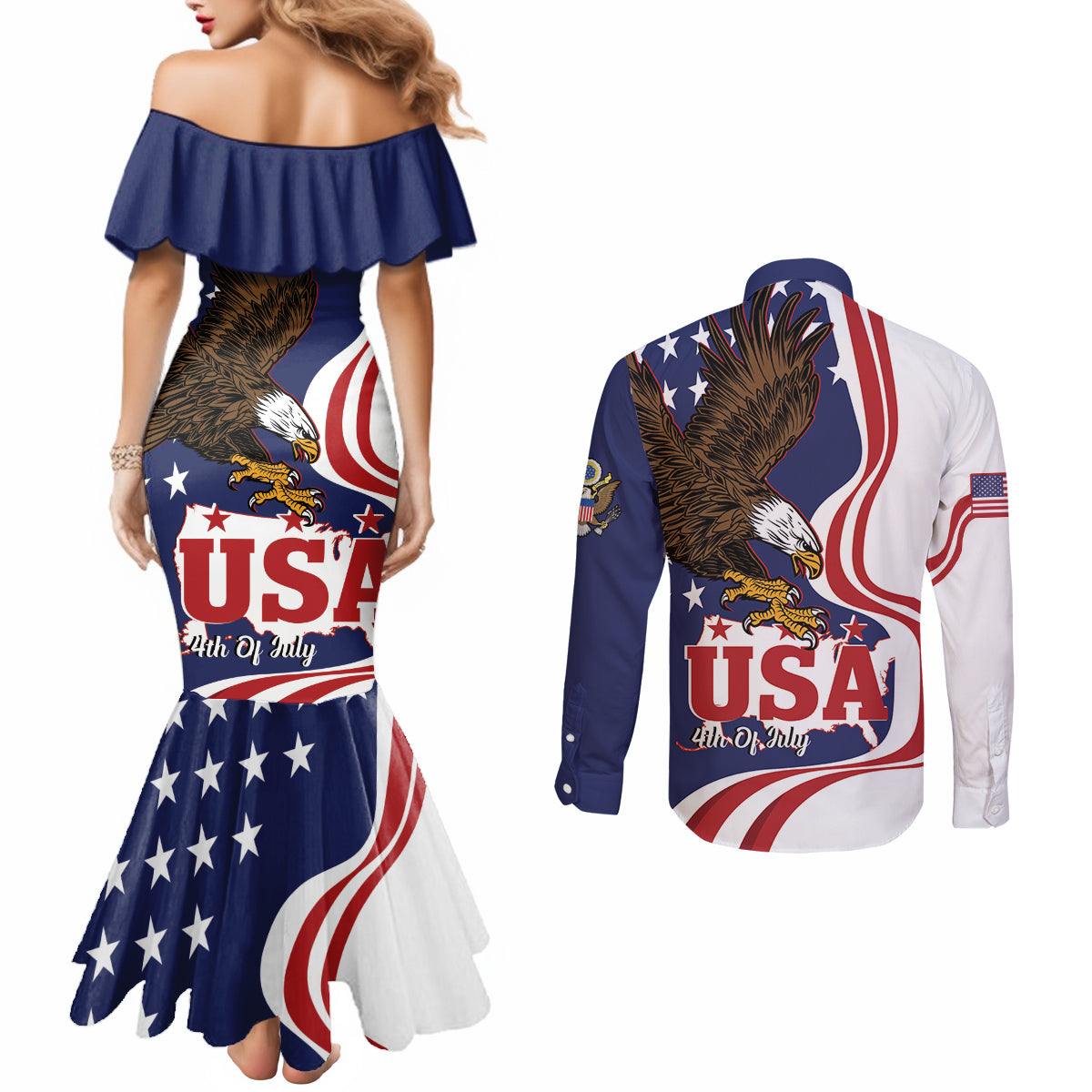 United States Independence Day Couples Matching Mermaid Dress and Long Sleeve Button Shirt USA Bald Eagle Happy 4th Of July