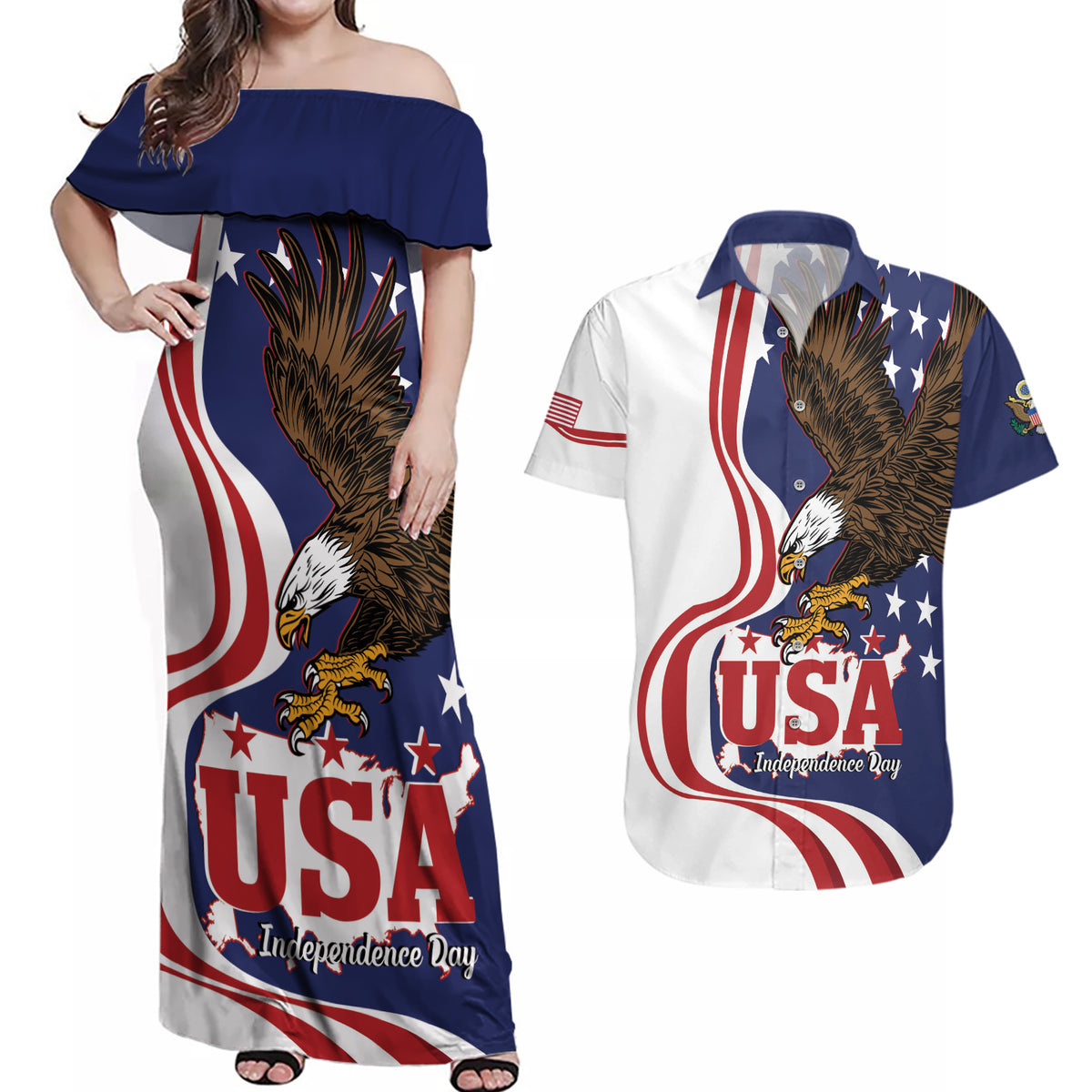 United States Independence Day Couples Matching Off Shoulder Maxi Dress and Hawaiian Shirt USA Bald Eagle Happy 4th Of July - Wonder Print Shop