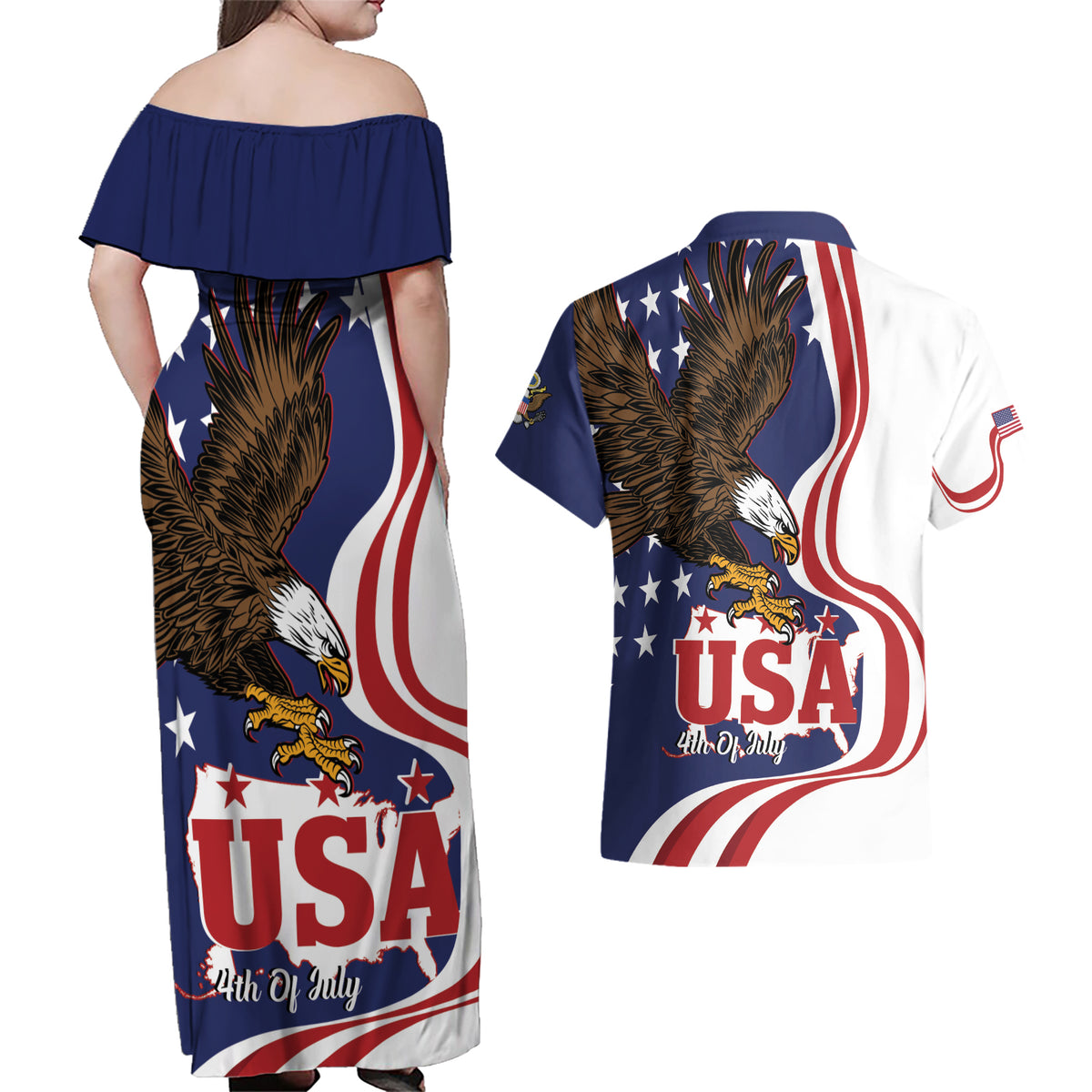 United States Independence Day Couples Matching Off Shoulder Maxi Dress and Hawaiian Shirt USA Bald Eagle Happy 4th Of July - Wonder Print Shop