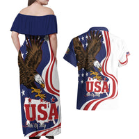 United States Independence Day Couples Matching Off Shoulder Maxi Dress and Hawaiian Shirt USA Bald Eagle Happy 4th Of July - Wonder Print Shop