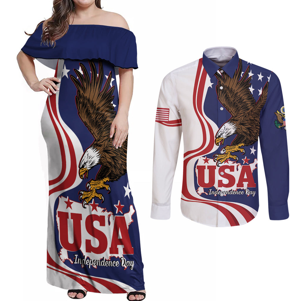 United States Independence Day Couples Matching Off Shoulder Maxi Dress and Long Sleeve Button Shirt USA Bald Eagle Happy 4th Of July - Wonder Print Shop