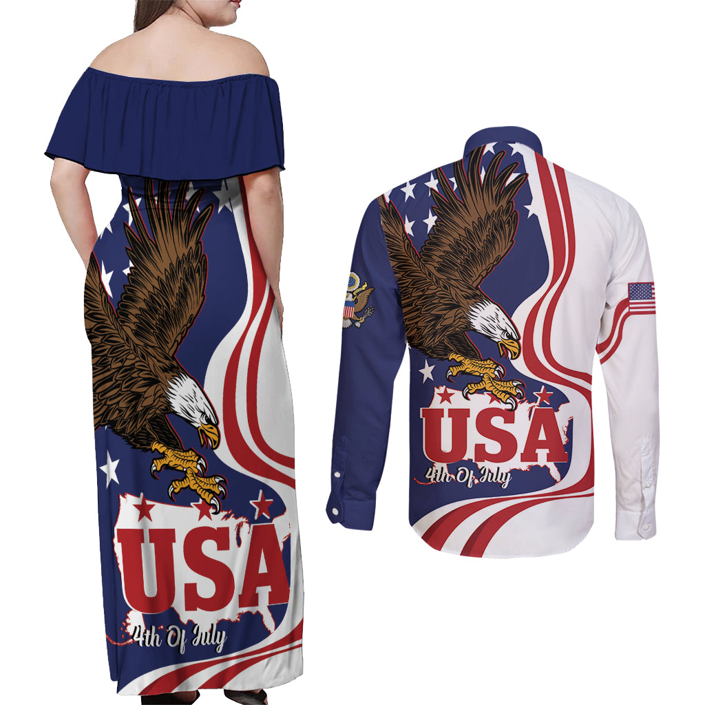 United States Independence Day Couples Matching Off Shoulder Maxi Dress and Long Sleeve Button Shirt USA Bald Eagle Happy 4th Of July - Wonder Print Shop