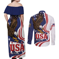 United States Independence Day Couples Matching Off Shoulder Maxi Dress and Long Sleeve Button Shirt USA Bald Eagle Happy 4th Of July - Wonder Print Shop