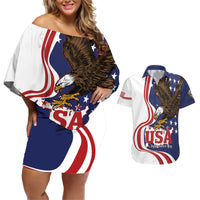 United States Independence Day Couples Matching Off Shoulder Short Dress and Hawaiian Shirt USA Bald Eagle Happy 4th Of July - Wonder Print Shop