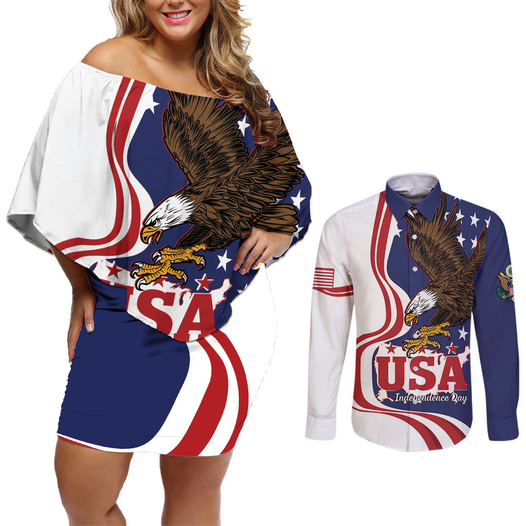United States Independence Day Couples Matching Off Shoulder Short Dress and Long Sleeve Button Shirt USA Bald Eagle Happy 4th Of July - Wonder Print Shop