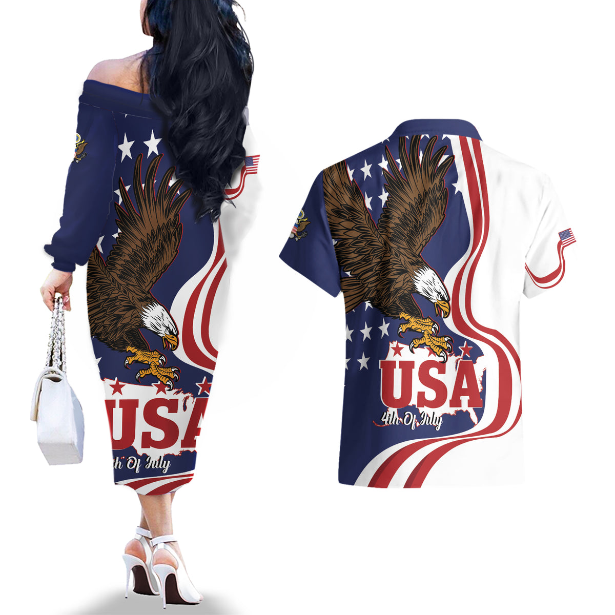 United States Independence Day Couples Matching Off The Shoulder Long Sleeve Dress and Hawaiian Shirt USA Bald Eagle Happy 4th Of July - Wonder Print Shop