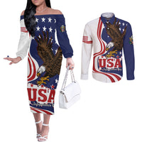 United States Independence Day Couples Matching Off The Shoulder Long Sleeve Dress and Long Sleeve Button Shirt USA Bald Eagle Happy 4th Of July