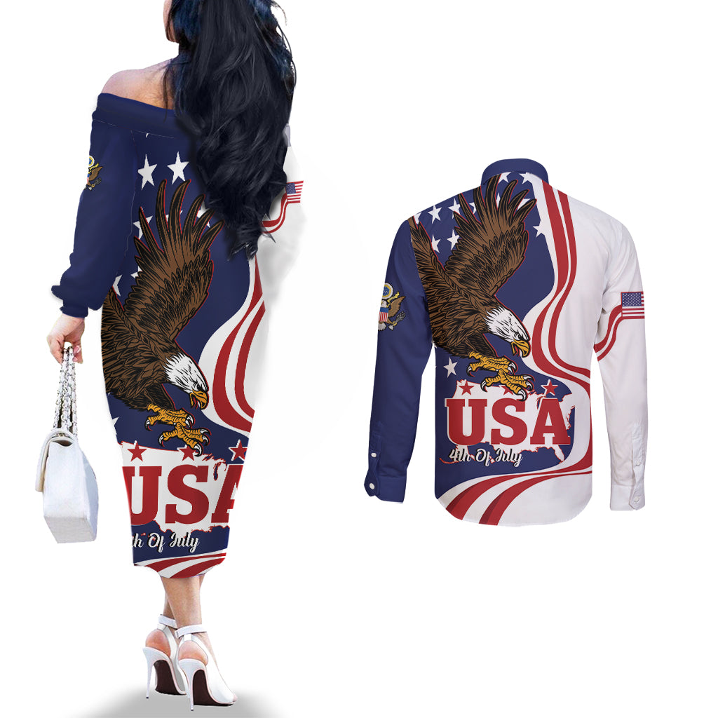 United States Independence Day Couples Matching Off The Shoulder Long Sleeve Dress and Long Sleeve Button Shirt USA Bald Eagle Happy 4th Of July