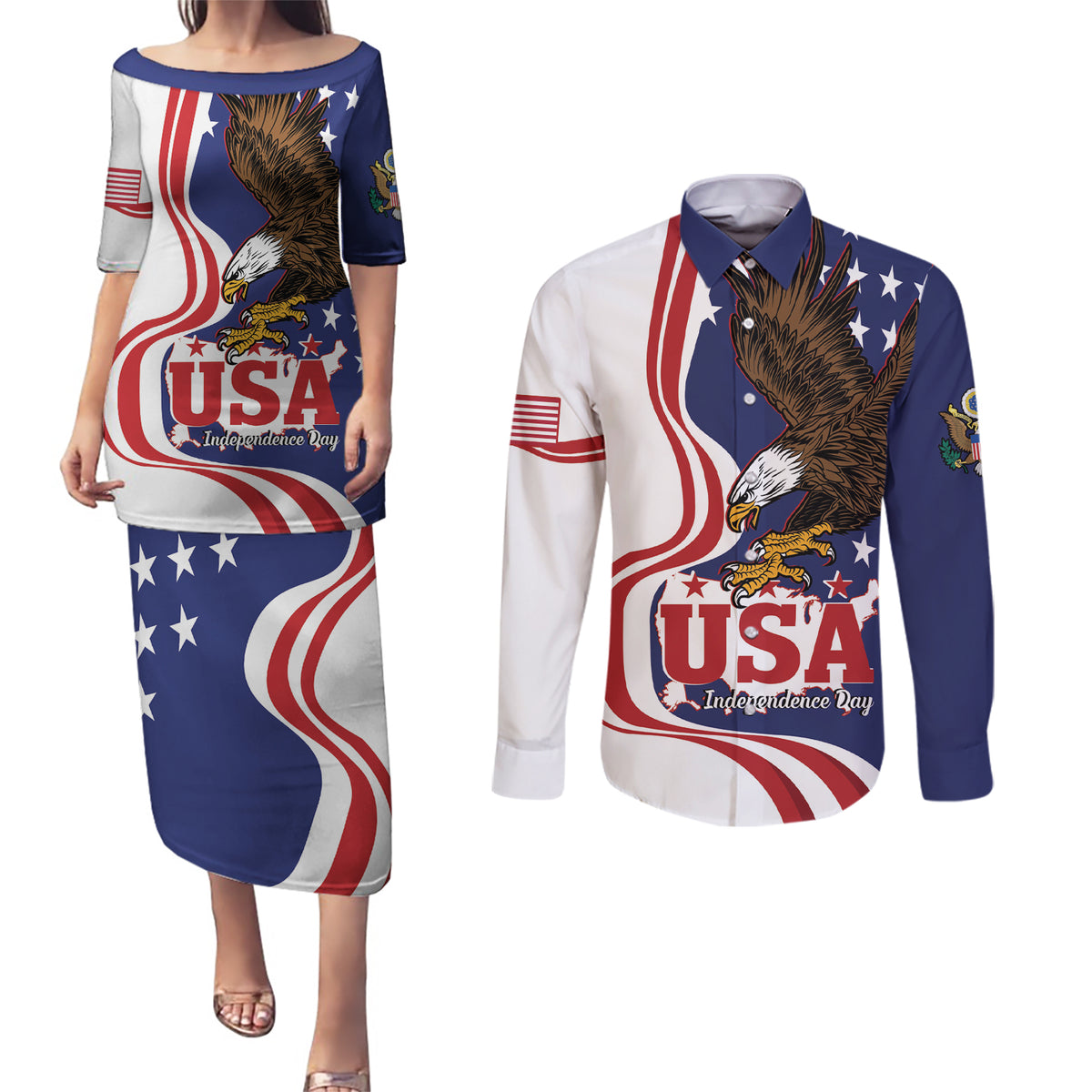 United States Independence Day Couples Matching Puletasi and Long Sleeve Button Shirt USA Bald Eagle Happy 4th Of July - Wonder Print Shop