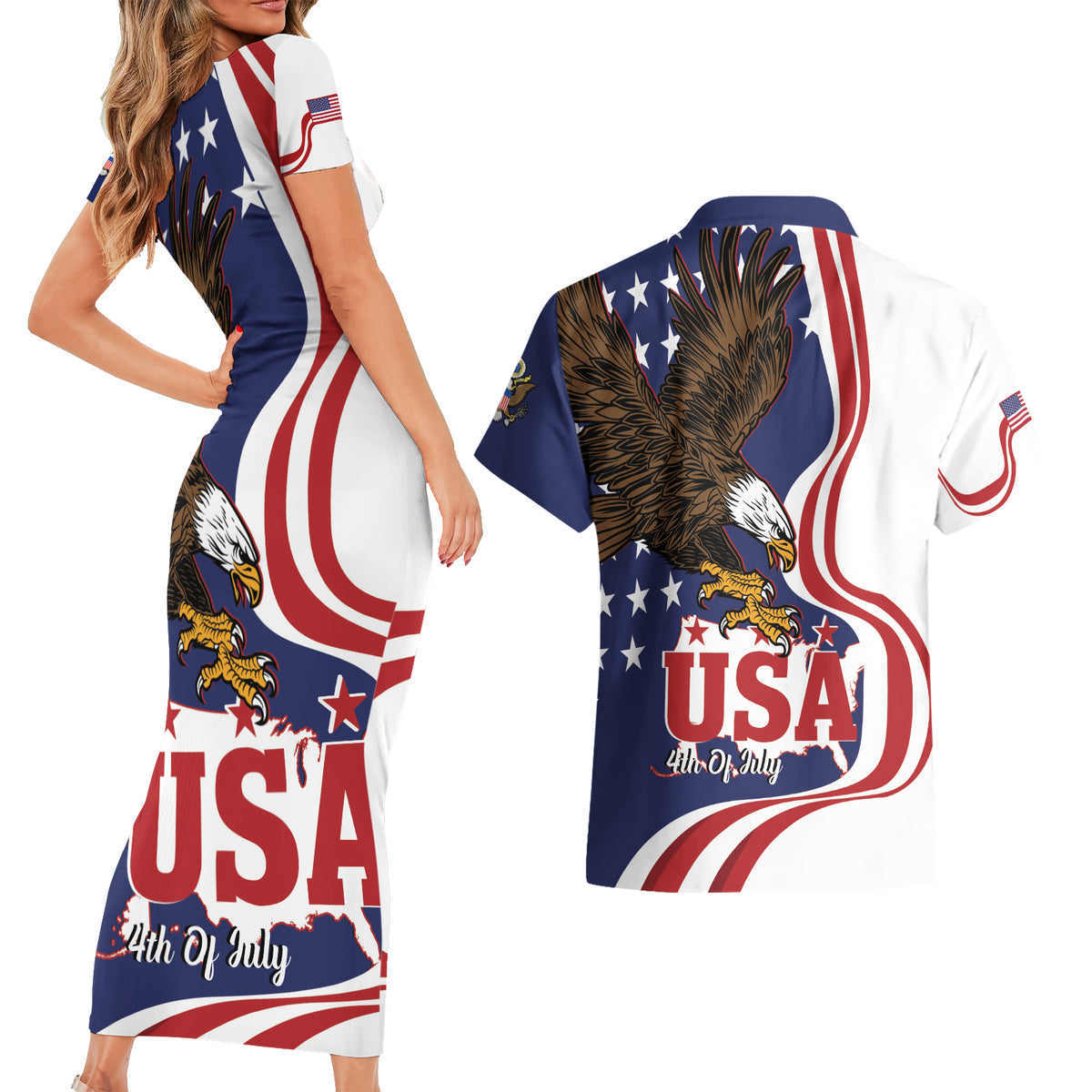 United States Independence Day Couples Matching Short Sleeve Bodycon Dress and Hawaiian Shirt USA Bald Eagle Happy 4th Of July - Wonder Print Shop