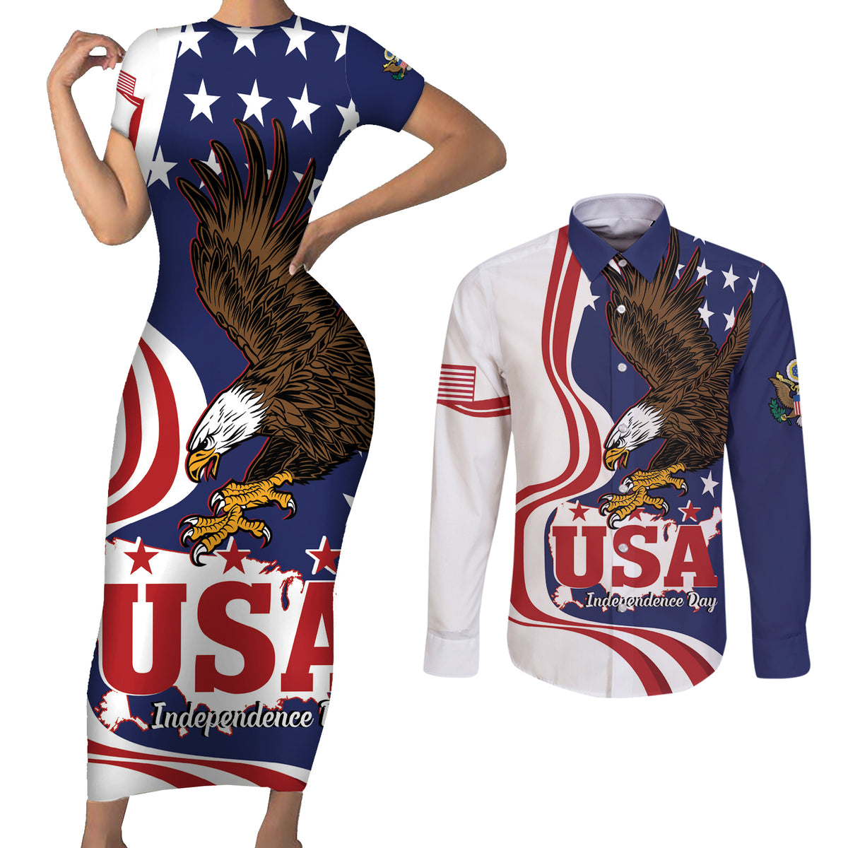 United States Independence Day Couples Matching Short Sleeve Bodycon Dress and Long Sleeve Button Shirt USA Bald Eagle Happy 4th Of July - Wonder Print Shop
