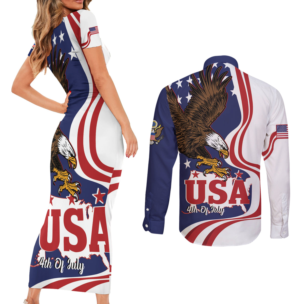 United States Independence Day Couples Matching Short Sleeve Bodycon Dress and Long Sleeve Button Shirt USA Bald Eagle Happy 4th Of July - Wonder Print Shop