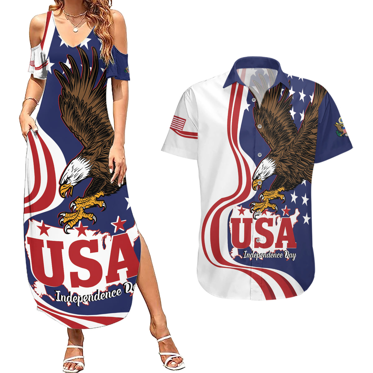 United States Independence Day Couples Matching Summer Maxi Dress and Hawaiian Shirt USA Bald Eagle Happy 4th Of July - Wonder Print Shop