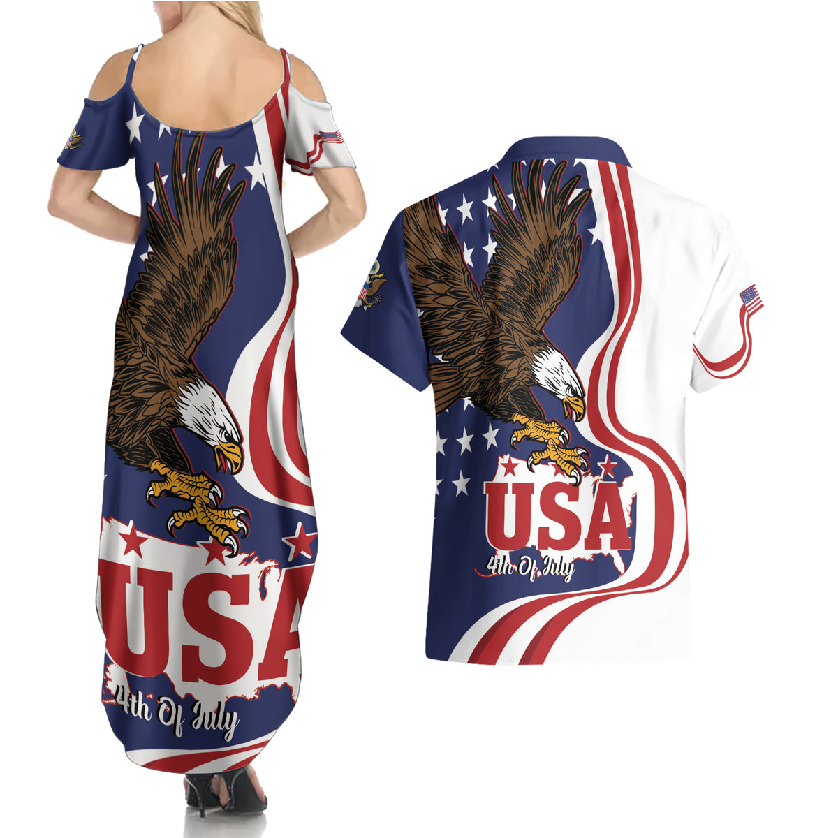 United States Independence Day Couples Matching Summer Maxi Dress and Hawaiian Shirt USA Bald Eagle Happy 4th Of July - Wonder Print Shop