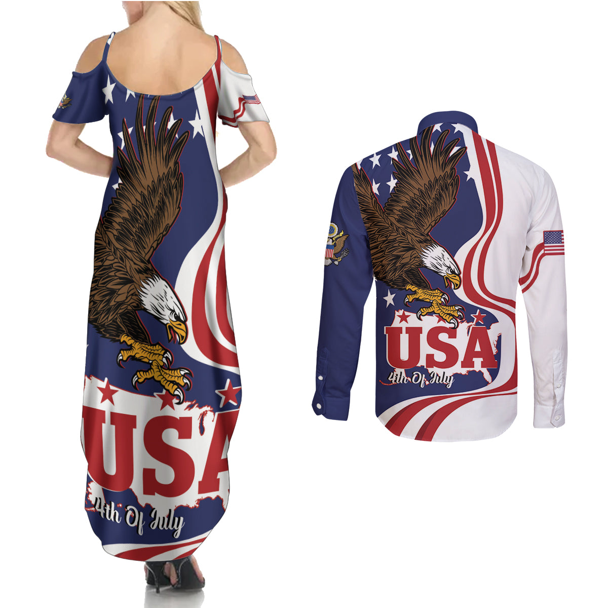 United States Independence Day Couples Matching Summer Maxi Dress and Long Sleeve Button Shirt USA Bald Eagle Happy 4th Of July - Wonder Print Shop