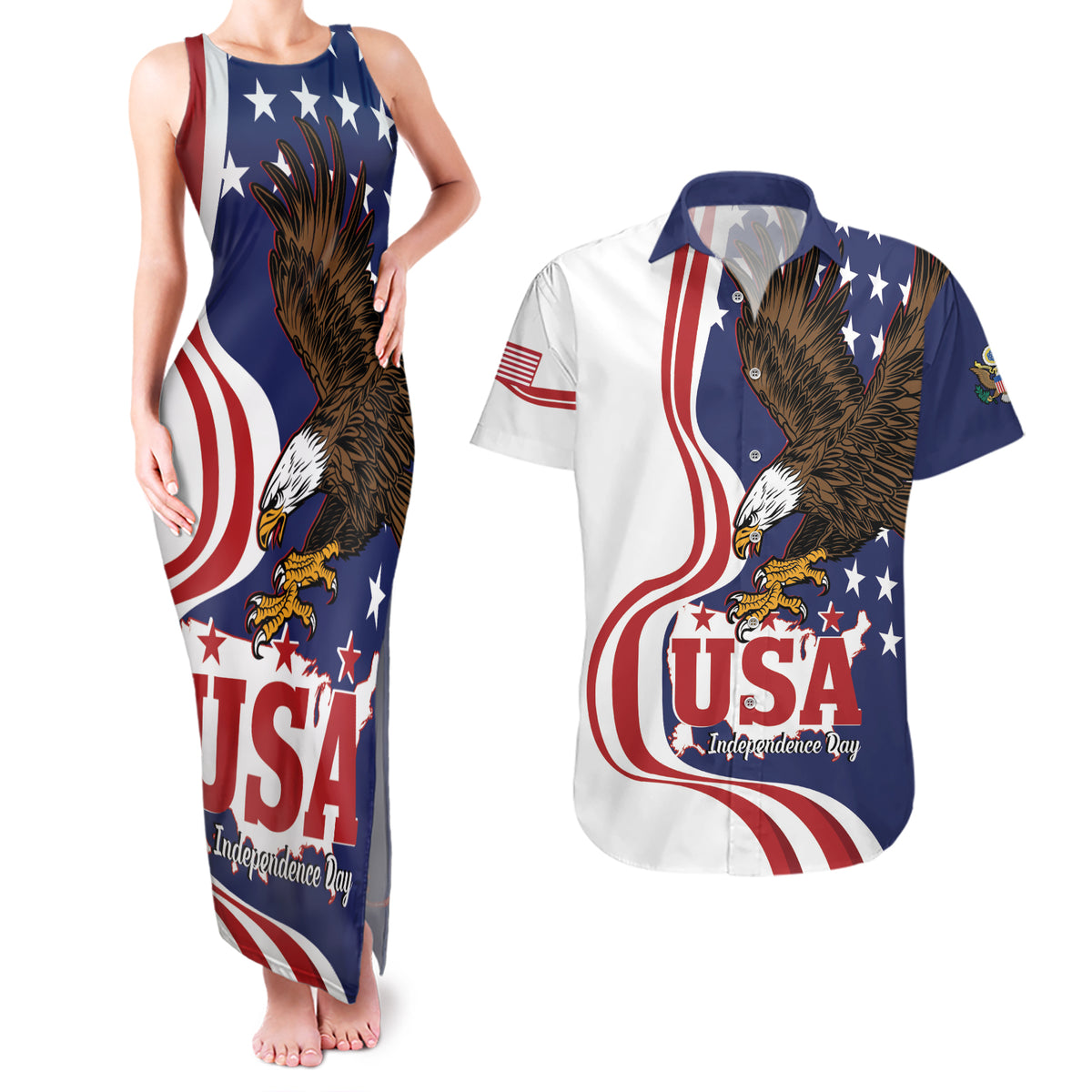 United States Independence Day Couples Matching Tank Maxi Dress and Hawaiian Shirt USA Bald Eagle Happy 4th Of July - Wonder Print Shop