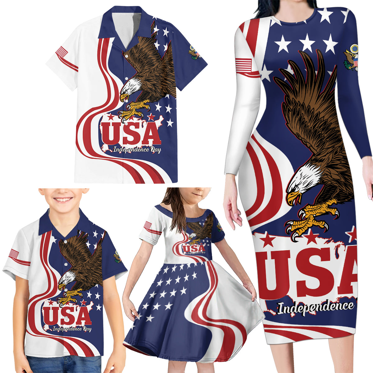 United States Independence Day Family Matching Long Sleeve Bodycon Dress and Hawaiian Shirt USA Bald Eagle Happy 4th Of July - Wonder Print Shop