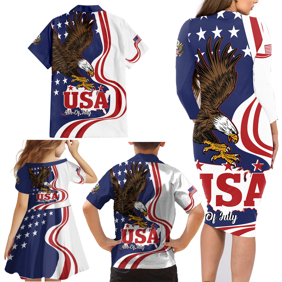 United States Independence Day Family Matching Long Sleeve Bodycon Dress and Hawaiian Shirt USA Bald Eagle Happy 4th Of July - Wonder Print Shop