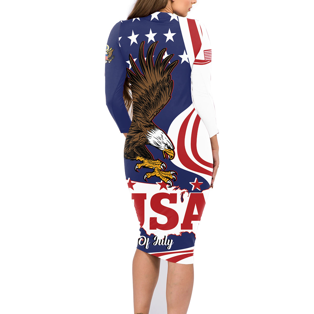 United States Independence Day Family Matching Long Sleeve Bodycon Dress and Hawaiian Shirt USA Bald Eagle Happy 4th Of July - Wonder Print Shop