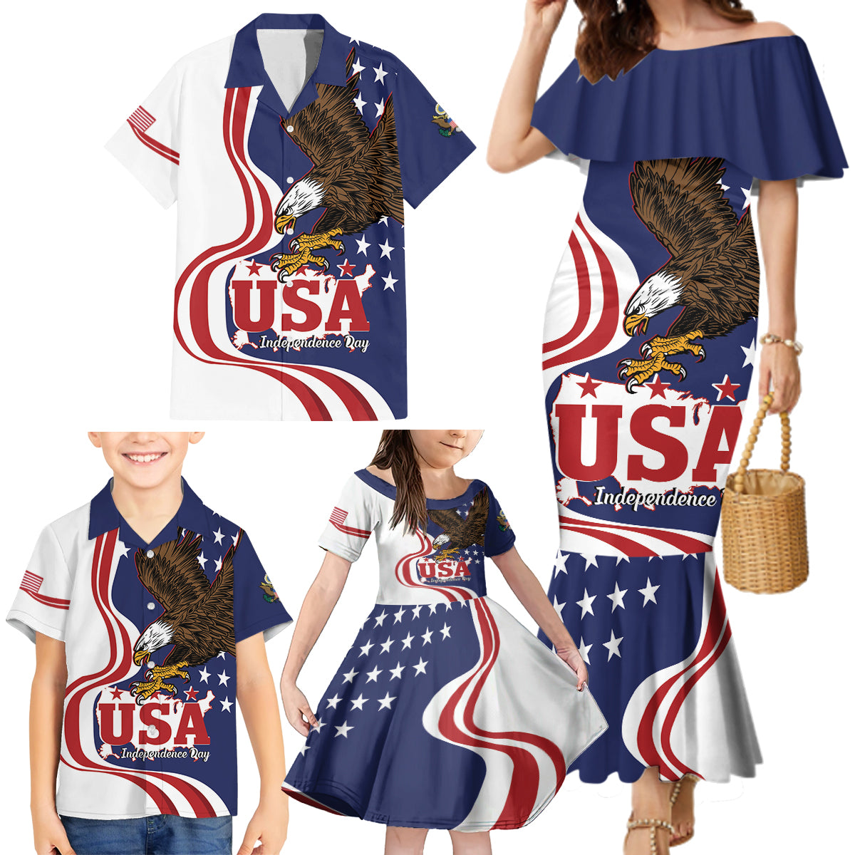 United States Independence Day Family Matching Mermaid Dress and Hawaiian Shirt USA Bald Eagle Happy 4th Of July - Wonder Print Shop