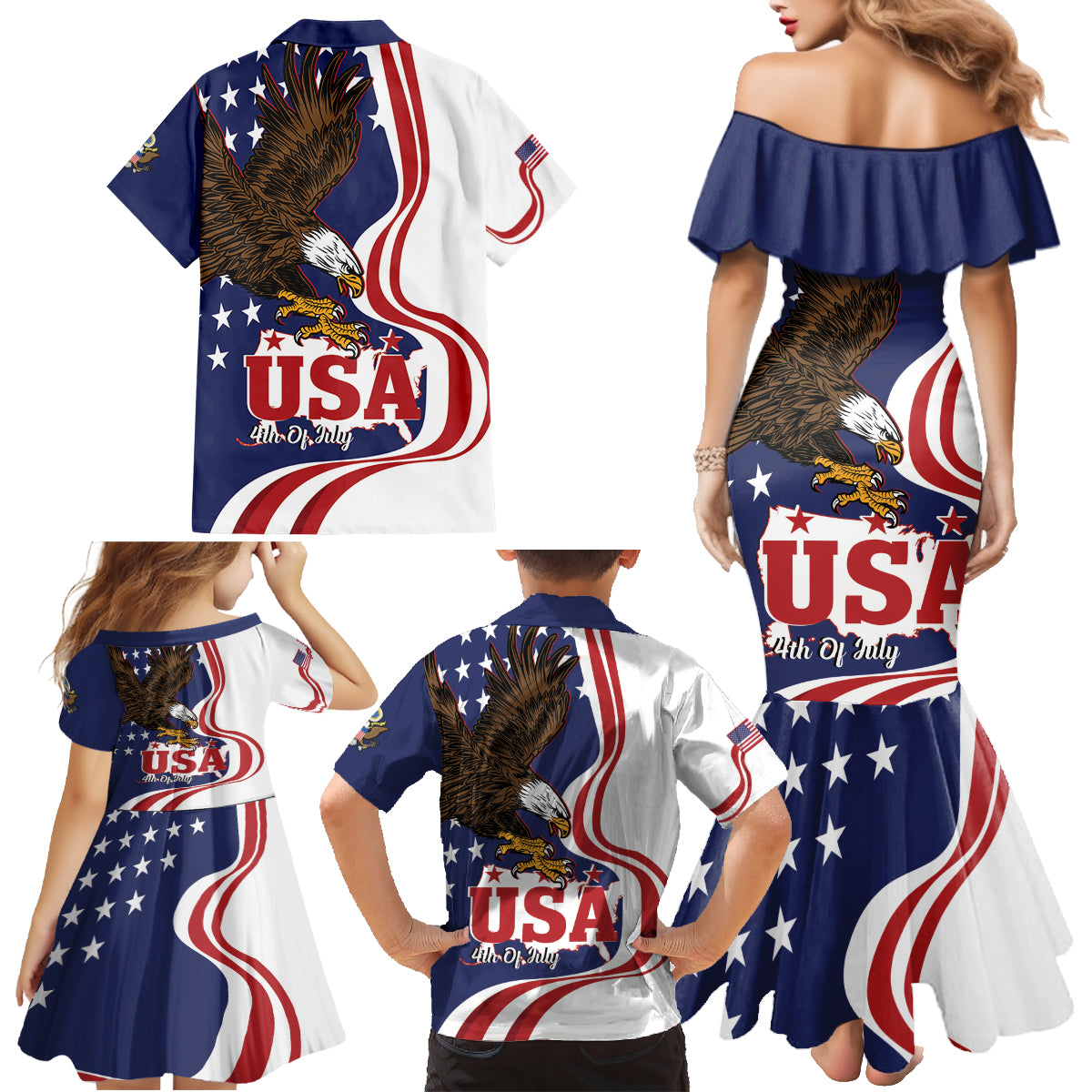 United States Independence Day Family Matching Mermaid Dress and Hawaiian Shirt USA Bald Eagle Happy 4th Of July - Wonder Print Shop
