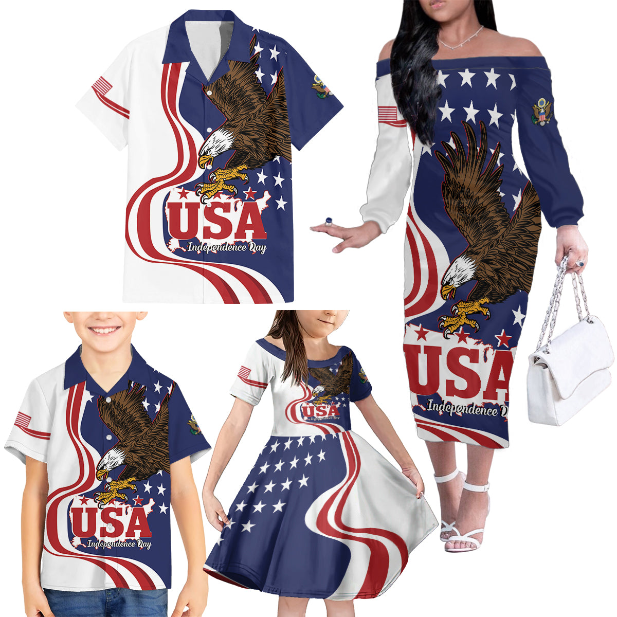 United States Independence Day Family Matching Off The Shoulder Long Sleeve Dress and Hawaiian Shirt USA Bald Eagle Happy 4th Of July - Wonder Print Shop