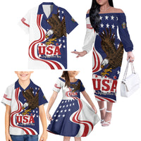 United States Independence Day Family Matching Off The Shoulder Long Sleeve Dress and Hawaiian Shirt USA Bald Eagle Happy 4th Of July - Wonder Print Shop