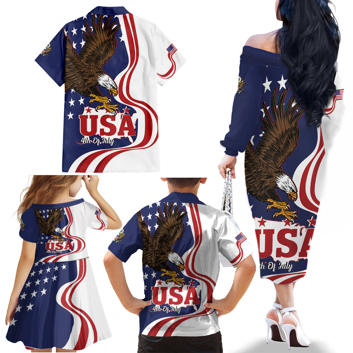 United States Independence Day Family Matching Off The Shoulder Long Sleeve Dress and Hawaiian Shirt USA Bald Eagle Happy 4th Of July - Wonder Print Shop