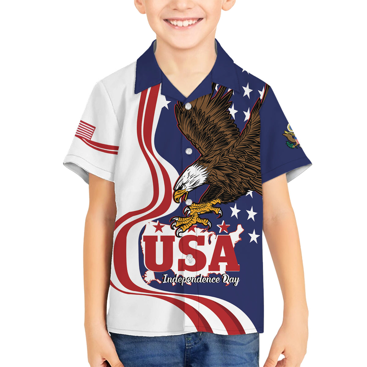 United States Independence Day Family Matching Off The Shoulder Long Sleeve Dress and Hawaiian Shirt USA Bald Eagle Happy 4th Of July - Wonder Print Shop