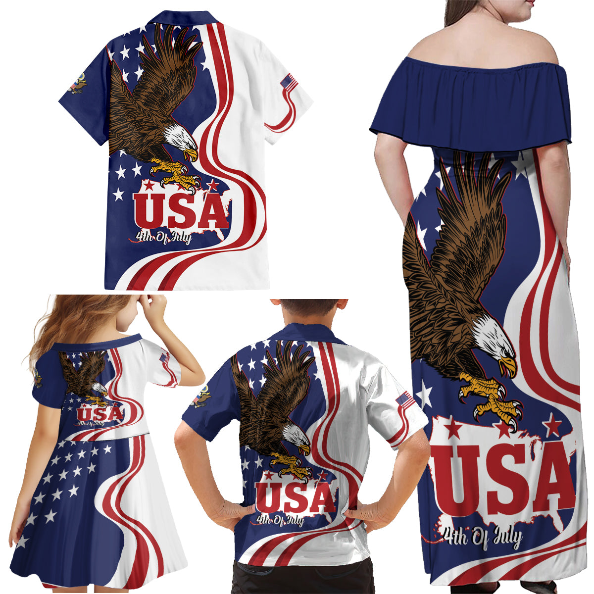 United States Independence Day Family Matching Off Shoulder Maxi Dress and Hawaiian Shirt USA Bald Eagle Happy 4th Of July - Wonder Print Shop