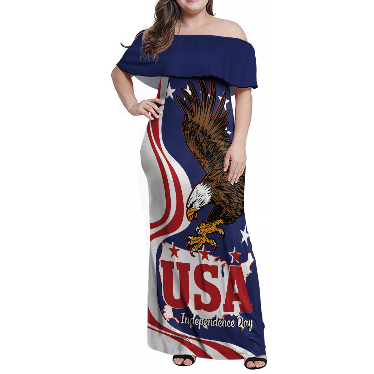 United States Independence Day Family Matching Off Shoulder Maxi Dress and Hawaiian Shirt USA Bald Eagle Happy 4th Of July - Wonder Print Shop