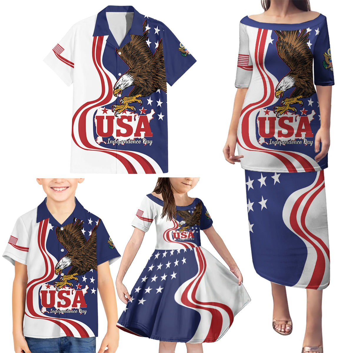 United States Independence Day Family Matching Puletasi and Hawaiian Shirt USA Bald Eagle Happy 4th Of July - Wonder Print Shop