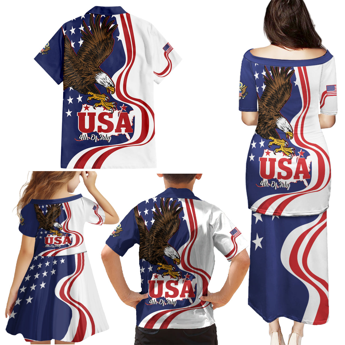 United States Independence Day Family Matching Puletasi and Hawaiian Shirt USA Bald Eagle Happy 4th Of July - Wonder Print Shop