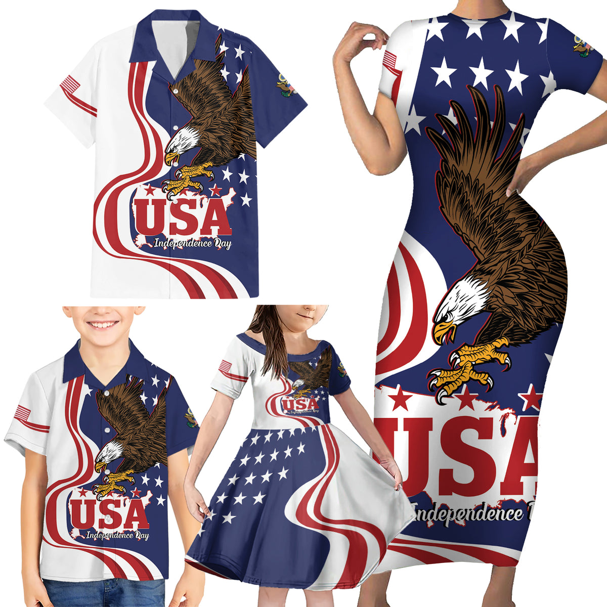 United States Independence Day Family Matching Short Sleeve Bodycon Dress and Hawaiian Shirt USA Bald Eagle Happy 4th Of July - Wonder Print Shop