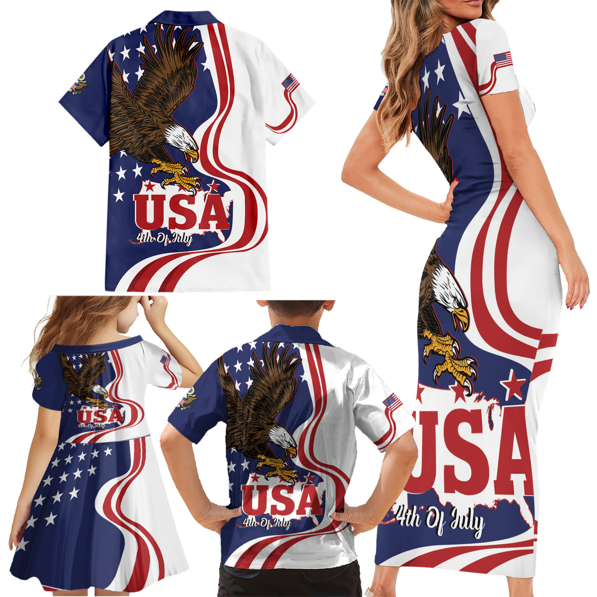 United States Independence Day Family Matching Short Sleeve Bodycon Dress and Hawaiian Shirt USA Bald Eagle Happy 4th Of July - Wonder Print Shop