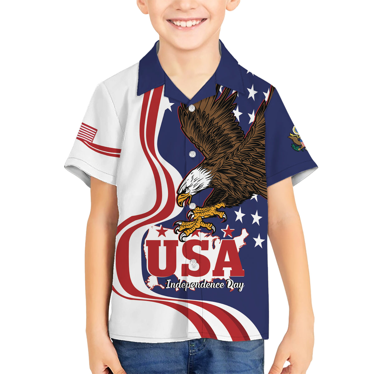United States Independence Day Family Matching Short Sleeve Bodycon Dress and Hawaiian Shirt USA Bald Eagle Happy 4th Of July - Wonder Print Shop