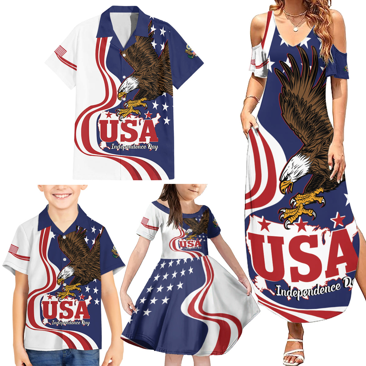 United States Independence Day Family Matching Summer Maxi Dress and Hawaiian Shirt USA Bald Eagle Happy 4th Of July - Wonder Print Shop
