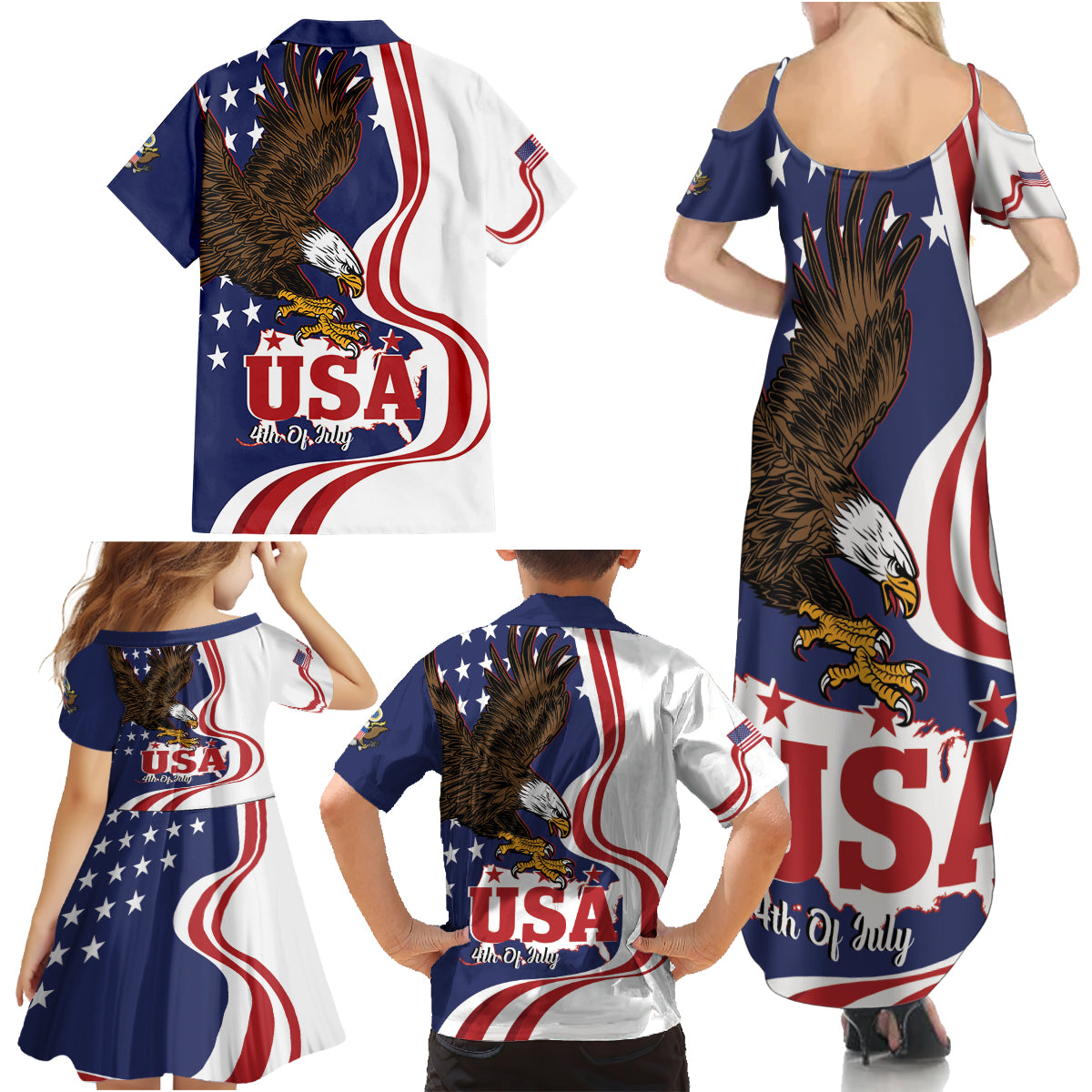 United States Independence Day Family Matching Summer Maxi Dress and Hawaiian Shirt USA Bald Eagle Happy 4th Of July - Wonder Print Shop