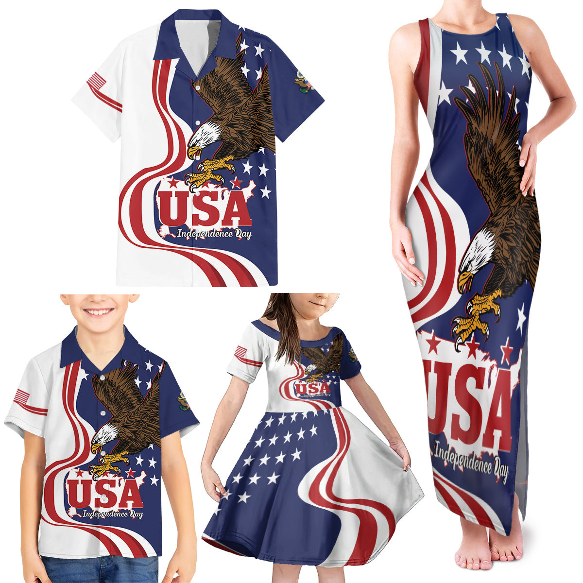 United States Independence Day Family Matching Tank Maxi Dress and Hawaiian Shirt USA Bald Eagle Happy 4th Of July - Wonder Print Shop