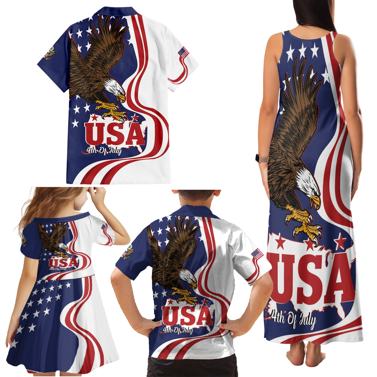 United States Independence Day Family Matching Tank Maxi Dress and Hawaiian Shirt USA Bald Eagle Happy 4th Of July - Wonder Print Shop