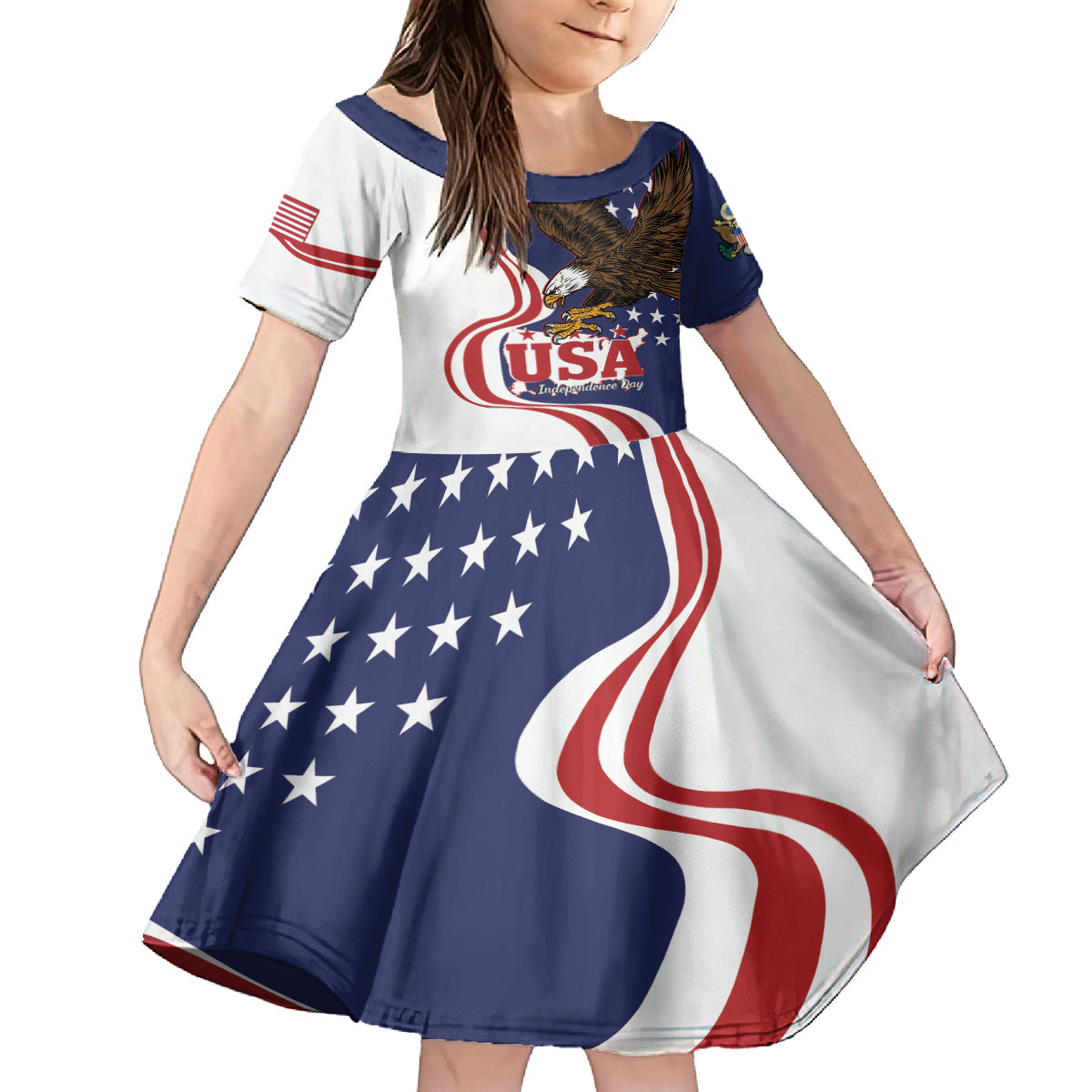 United States Independence Day Kid Short Sleeve Dress USA Bald Eagle Happy 4th Of July - Wonder Print Shop