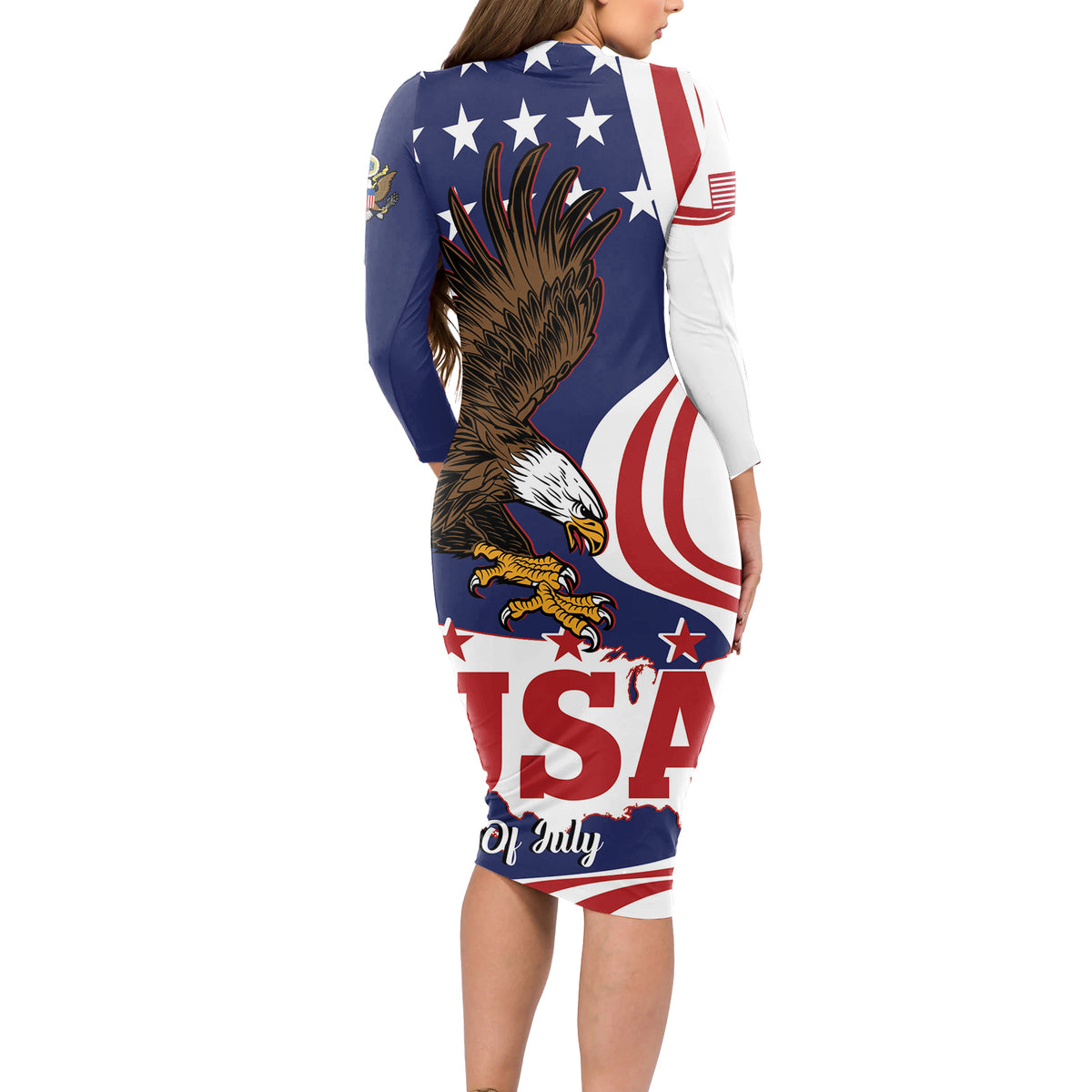 United States Independence Day Long Sleeve Bodycon Dress USA Bald Eagle Happy 4th Of July - Wonder Print Shop