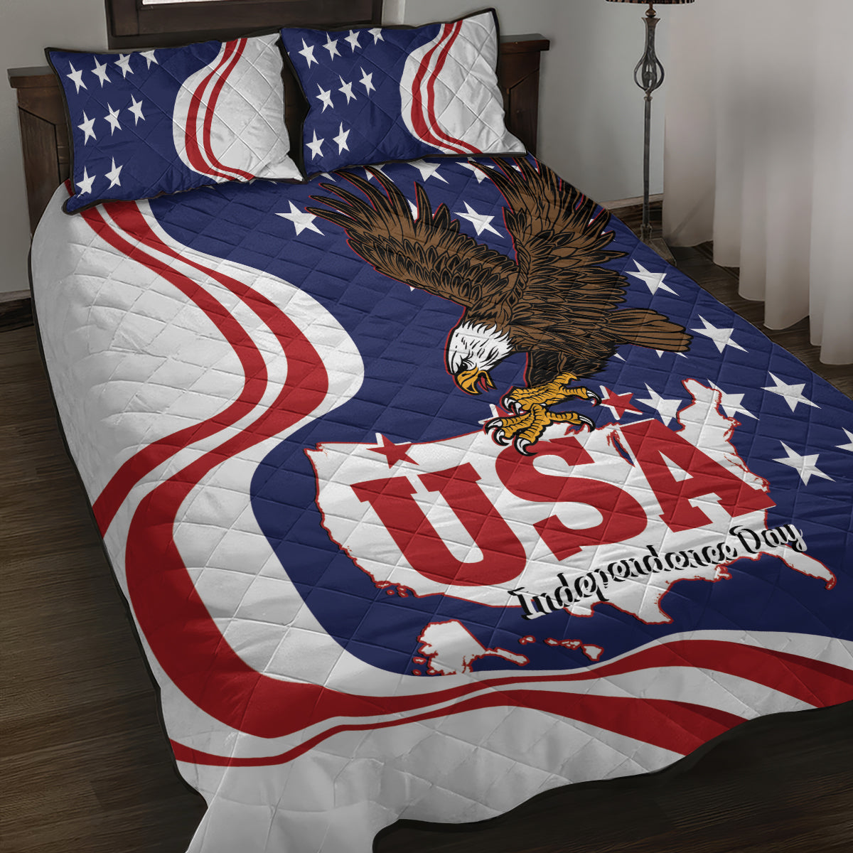 United States Independence Day Quilt Bed Set USA Bald Eagle Happy 4th Of July