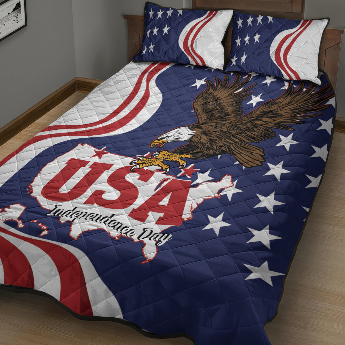 United States Independence Day Quilt Bed Set USA Bald Eagle Happy 4th Of July - Wonder Print Shop