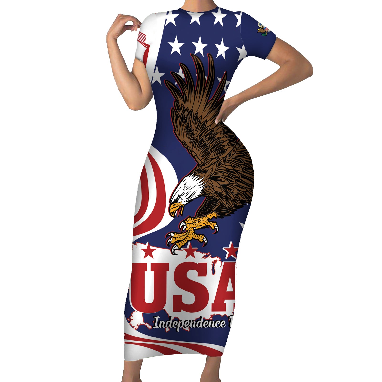 United States Independence Day Short Sleeve Bodycon Dress USA Bald Eagle Happy 4th Of July - Wonder Print Shop