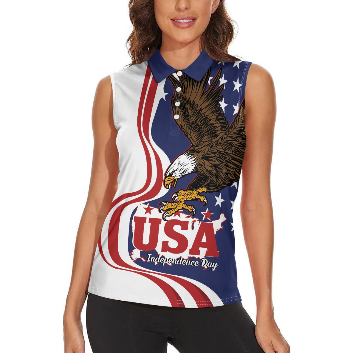 United States Independence Day Women Sleeveless Polo Shirt USA Bald Eagle Happy 4th Of July - Wonder Print Shop