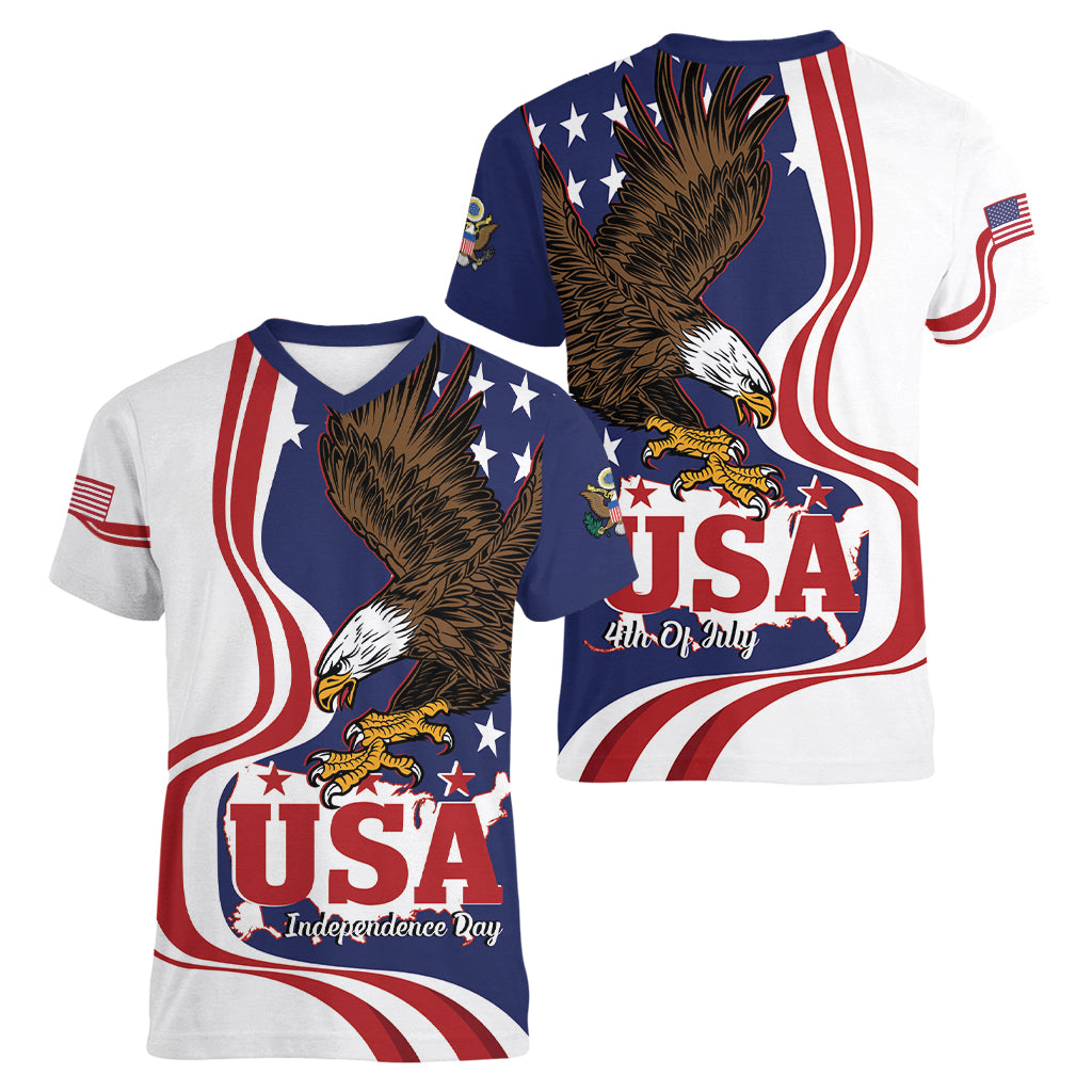 United States Independence Day Women V-Neck T-Shirt USA Bald Eagle Happy 4th Of July - Wonder Print Shop