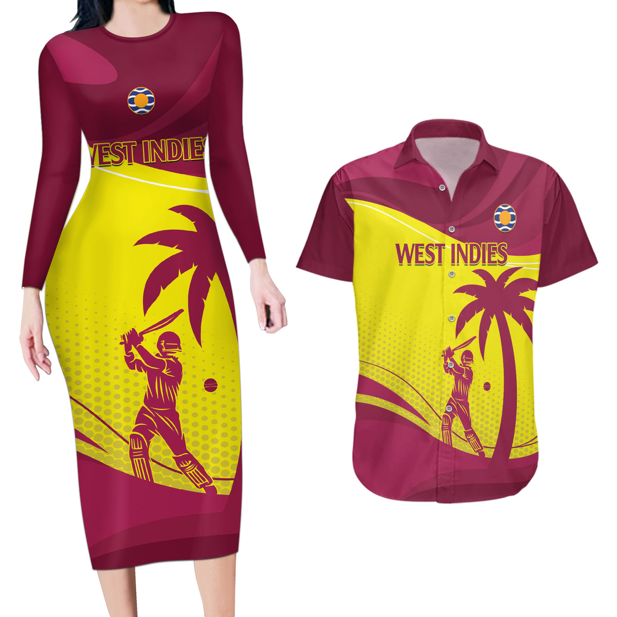 Custom West Indies Cricket Couples Matching Long Sleeve Bodycon Dress and Hawaiian Shirt 2024 World Cup Go Windies - Wonder Print Shop